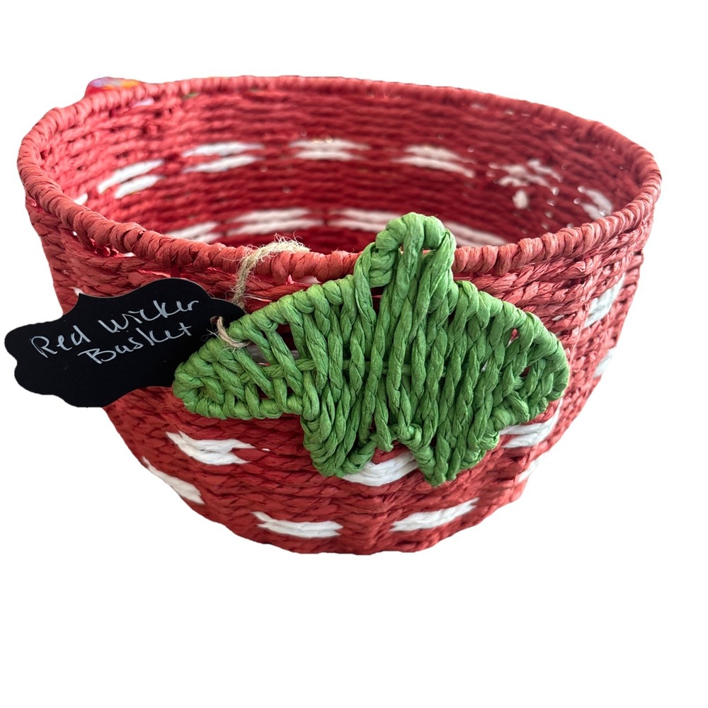 Red, WhiteRound Wicker Basket W/ Leaves Top Opening 9.25" X 6" Tall X 7.5 Base